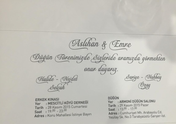 İstinyeden Nuhbey ÖZAY ‘ ın oğlu Emre ÖZAY ‘ ın Düğün Daveti